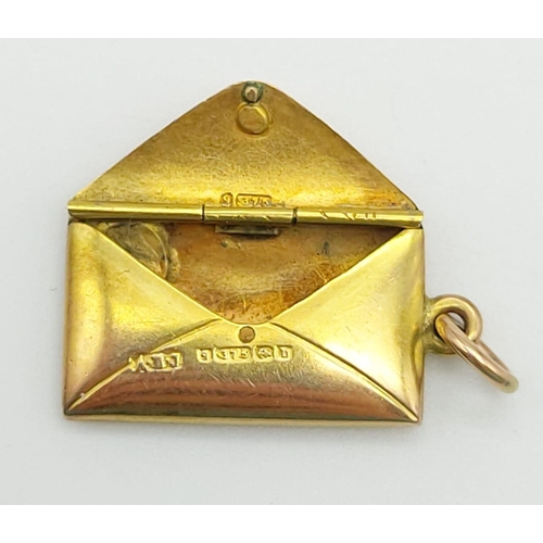 270 - 9k yellow gold letter pendant/charm (envelope opens up), length 20mm, weighs 2.3 grams