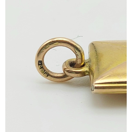 270 - 9k yellow gold letter pendant/charm (envelope opens up), length 20mm, weighs 2.3 grams