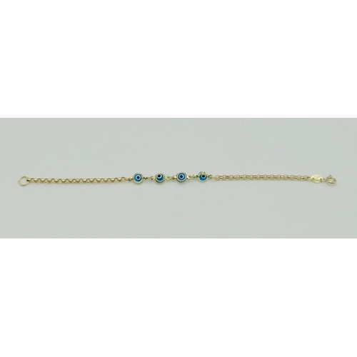 32 - 14k yellow gold evil eye bracelet, 15cm in length, weighs 1.6 grams