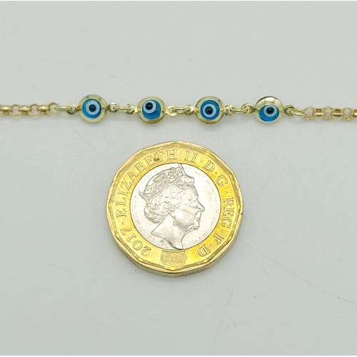 32 - 14k yellow gold evil eye bracelet, 15cm in length, weighs 1.6 grams