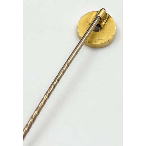 358 - 14k yellow gold diamond set tie pin and box, 0.10ct of diamonds, 65mm in length, weighs 2.2 grams