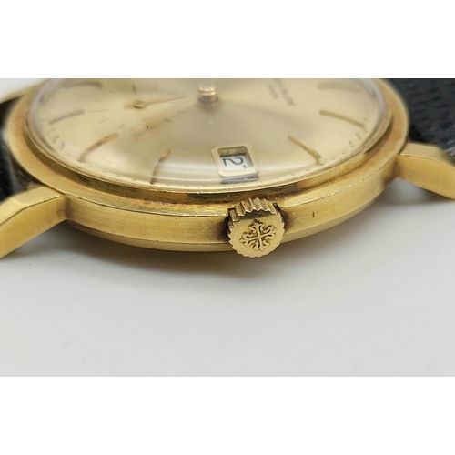 45 - A VINTAGE 18K GOLD PATEK PHILIPPE GENTLEMANS WRIST WATCH ON LEATHER STRAP. 35mm