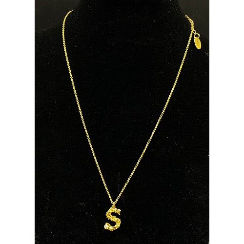 106 - Alex Monroe silver with gold vermil floral initial S pendant and chain, chain length 44cm