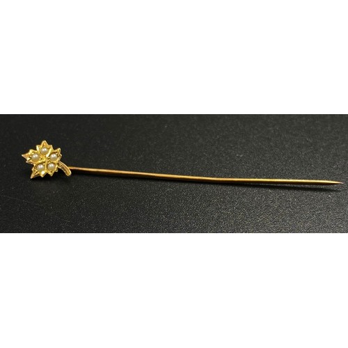 214 - 14k yellow gold tie pin with maple leaf design and seed pearls, 0.8 grams in weight.