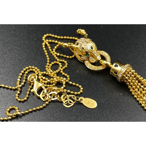 4 - 18k yellow gold panther stone set larriot drop pendant and chain, chain length 44cm, weighs 12 grams