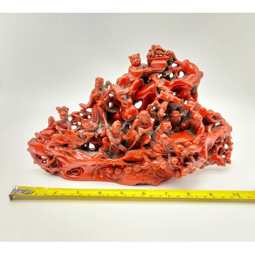 302 - A Rare Antique Chinese Hand-Carved Red Coral-Esque Sculpture of Various Chinese Characters. 28cm len... 