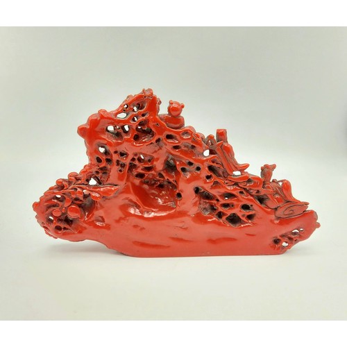 302 - A Rare Antique Chinese Hand-Carved Red Coral-Esque Sculpture of Various Chinese Characters. 28cm len... 