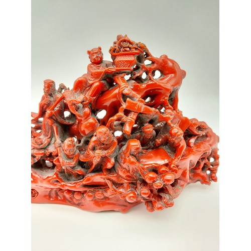 302 - A Rare Antique Chinese Hand-Carved Red Coral-Esque Sculpture of Various Chinese Characters. 28cm len... 