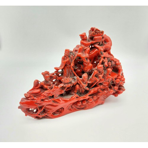 302 - A Rare Antique Chinese Hand-Carved Red Coral-Esque Sculpture of Various Chinese Characters. 28cm len... 