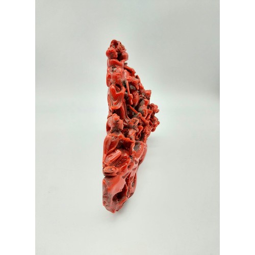 302 - A Rare Antique Chinese Hand-Carved Red Coral-Esque Sculpture of Various Chinese Characters. 28cm len... 