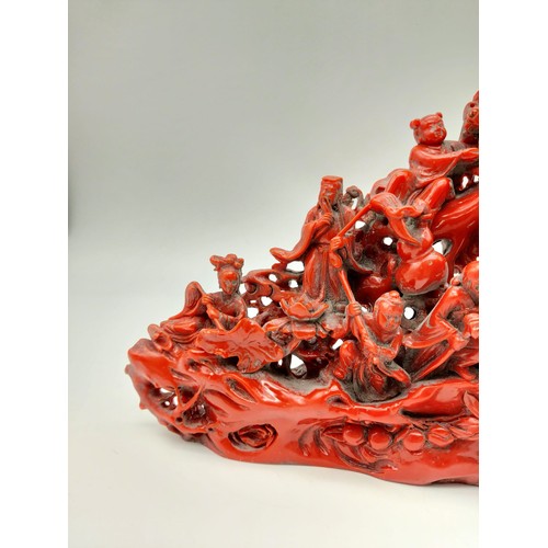 302 - A Rare Antique Chinese Hand-Carved Red Coral-Esque Sculpture of Various Chinese Characters. 28cm len... 