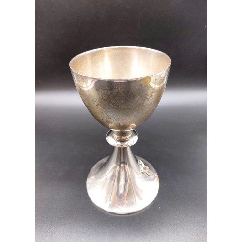 370 - An Early White Metal Chalice with a Silver Cross.
20cm tall. 10cm diameter at mouth. 595g