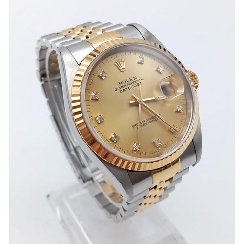 6 - A ROLEX OYSTER PERPETUAL DATEJUST IN BI-METAL WITH GOLDTONE FACE DIAMOND NUMERALS.  36mm