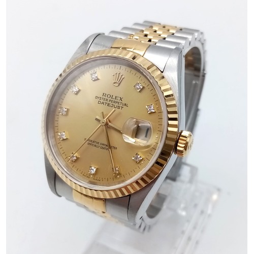 6 - A ROLEX OYSTER PERPETUAL DATEJUST IN BI-METAL WITH GOLDTONE FACE DIAMOND NUMERALS.  36mm