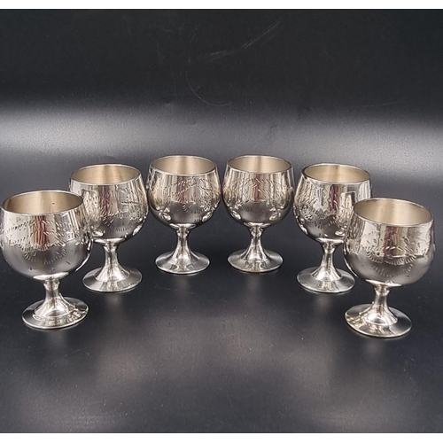 731 - A SET OF 6 SILVER PLATED GOBLETS IN A SATIN LINED VELVET PRESENTATION BOX. EACH GOBLET BEING 6cms IN... 