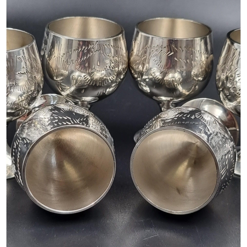 731 - A SET OF 6 SILVER PLATED GOBLETS IN A SATIN LINED VELVET PRESENTATION BOX. EACH GOBLET BEING 6cms IN... 