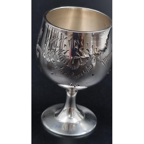 731 - A SET OF 6 SILVER PLATED GOBLETS IN A SATIN LINED VELVET PRESENTATION BOX. EACH GOBLET BEING 6cms IN... 