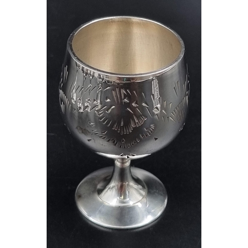 731 - A SET OF 6 SILVER PLATED GOBLETS IN A SATIN LINED VELVET PRESENTATION BOX. EACH GOBLET BEING 6cms IN... 