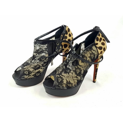 1188 - A Pair of Christian Louboutin Black/Brown Leopard Pony Hair and Lace Bridget Peep Toe Ankle Booties.... 