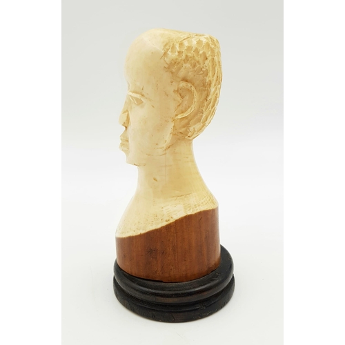 1190 - AFICAN IVORY HANDCARVED ANTIQUE BUST OF A TRIBAL ELDER MAN, 17CM TALL