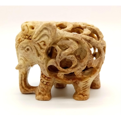 748 - Vintage, Possibly Antique Indian Soapstone Mother Elephant with Baby Calf Figurine. 9 x 8cm.