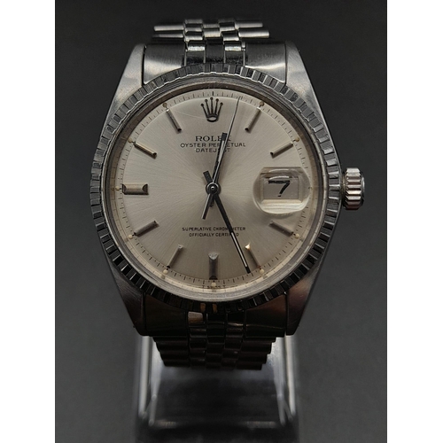 55 - A Rolex Oyster Perpetual Datejust Gents Watch. Stainless steel strap and case - 36mm. Silver-tone di... 