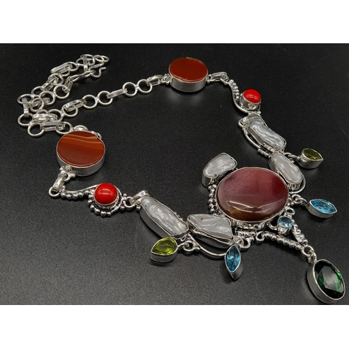 752 - An Agate, Red Coral, Pearls, Tourmaline and Peridot Drop Pendant Necklace. 44cm