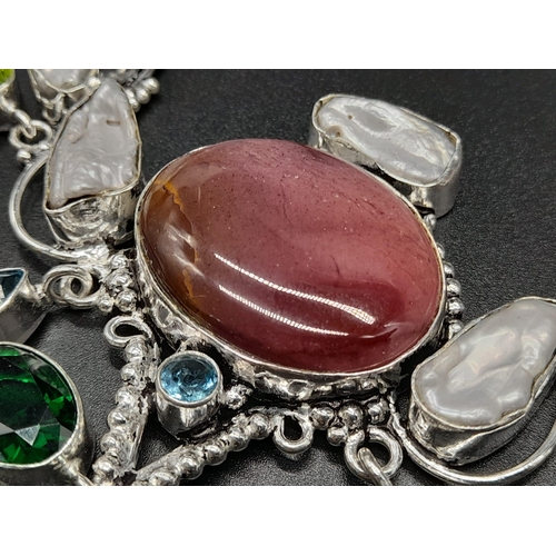 752 - An Agate, Red Coral, Pearls, Tourmaline and Peridot Drop Pendant Necklace. 44cm