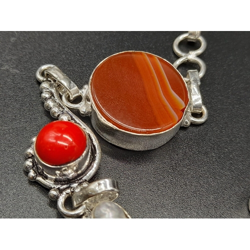 752 - An Agate, Red Coral, Pearls, Tourmaline and Peridot Drop Pendant Necklace. 44cm