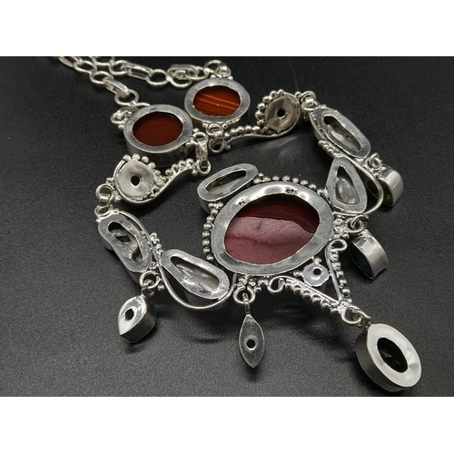 752 - An Agate, Red Coral, Pearls, Tourmaline and Peridot Drop Pendant Necklace. 44cm