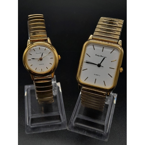 732 - A PAIR OF PHILIP MECIER LADIES AND GENTS WRIST WATCHES BOTH WITH EXPANDABLE METAL STRAPS.