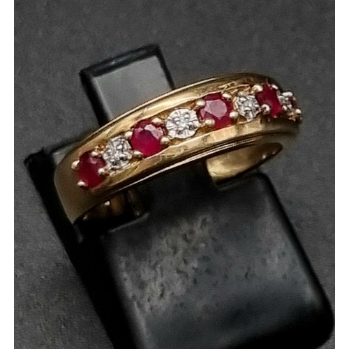 45 - A 9 K yellow gold ring with rubies and diamonds. Ring size: I/J, weight: 2.4 g. In a presentation bo... 