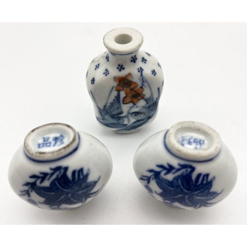 108 - Three Chinese, snuff bottles. One antique, with excellent hand painted birds and flowers. the other ... 