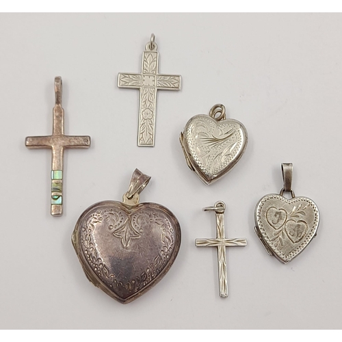 725 - Three Vintage Silver Heart Locket and Three Cross Silver Pendants. 2.5 x 2.5cm biggest heart. 2.5 x ... 