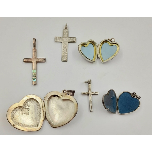 725 - Three Vintage Silver Heart Locket and Three Cross Silver Pendants. 2.5 x 2.5cm biggest heart. 2.5 x ... 