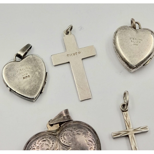 725 - Three Vintage Silver Heart Locket and Three Cross Silver Pendants. 2.5 x 2.5cm biggest heart. 2.5 x ... 