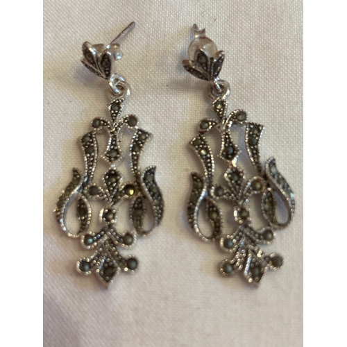 735 - Pair of SILVER MARCASITE drop earrings complete with gift box.