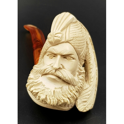 175 - An exquisitely hand carved Meerschaum smoking pipe depicting the head of Hayrettin Barbarossa. The p... 