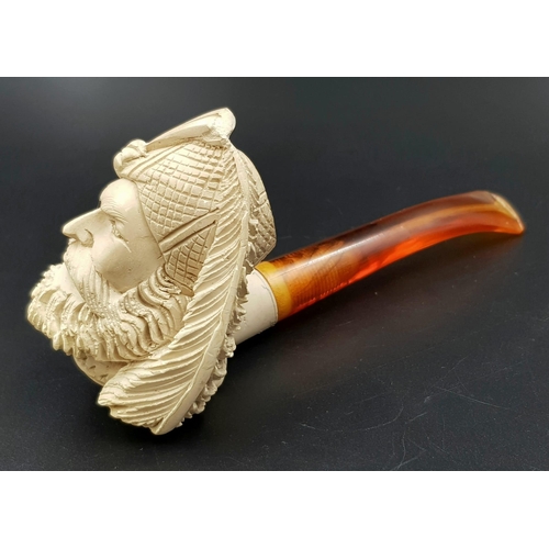 175 - An exquisitely hand carved Meerschaum smoking pipe depicting the head of Hayrettin Barbarossa. The p... 