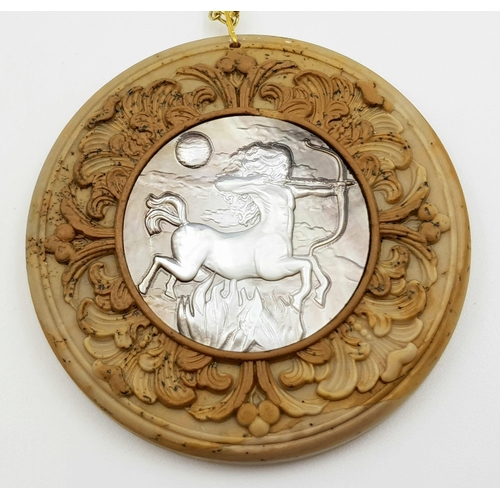 189 - An impressive hand carved pendant of a Centaur on mother of pearl, surrounded by an intricately carv... 