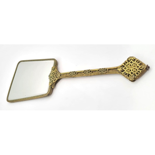 343 - A Beautiful Vintage (1930s) Hand Mirror. Petit point rose decoration on reverse of mirror. Filigree ... 