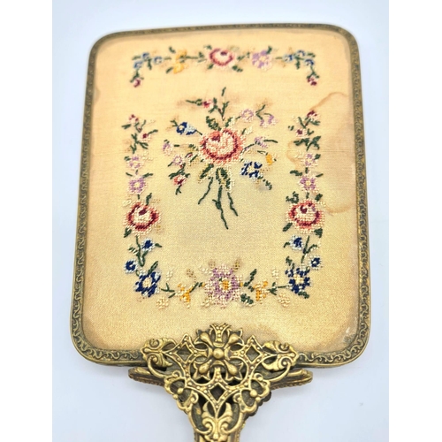 343 - A Beautiful Vintage (1930s) Hand Mirror. Petit point rose decoration on reverse of mirror. Filigree ... 