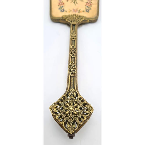 343 - A Beautiful Vintage (1930s) Hand Mirror. Petit point rose decoration on reverse of mirror. Filigree ... 