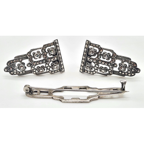 74 - A Delightful Antique Silver Marcasite Double Dress Clip Brooch. Wonderfully engineered. Can be worn ... 