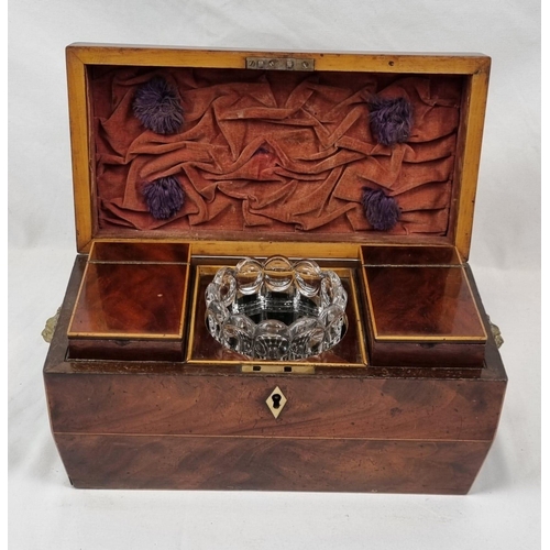 449 - AN EARLY VICTORIAN BURR WALNUT TEA CADDY WITH TWIN STORAGE BOXES AND GLASS MIXING BOWL, BEUTIFULLY C... 