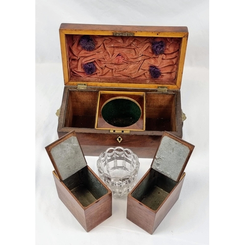 449 - AN EARLY VICTORIAN BURR WALNUT TEA CADDY WITH TWIN STORAGE BOXES AND GLASS MIXING BOWL, BEUTIFULLY C... 