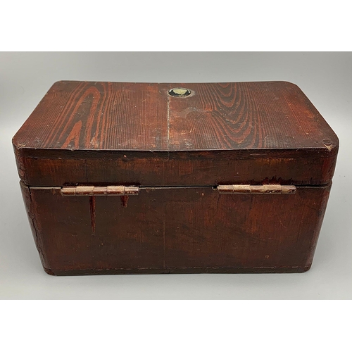 442 - AN ANTIQUE WOODEN BOX FROM SLIPPER CHAPEL, WALSINGHAM 26.5 X 16 X 14cms