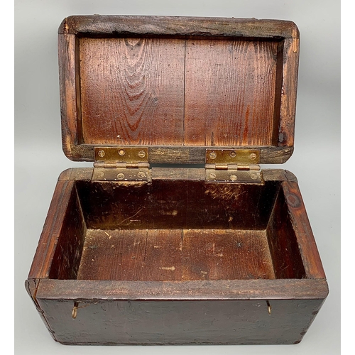 442 - AN ANTIQUE WOODEN BOX FROM SLIPPER CHAPEL, WALSINGHAM 26.5 X 16 X 14cms