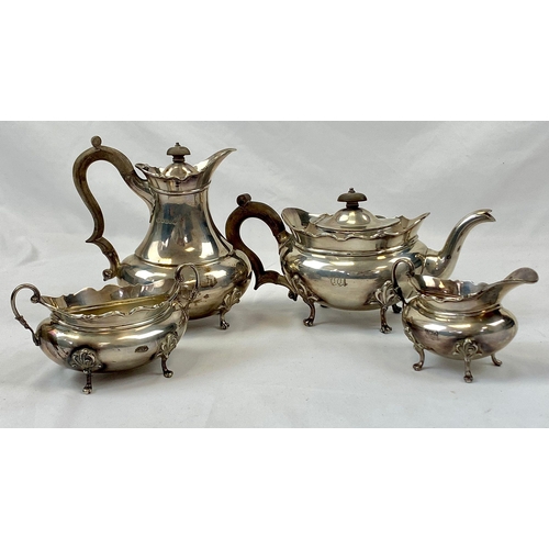 45 - An Antique Four-Piece James Weir Tea Set. Hallmarks for Glasgow 1921. To Include: Tea Pot (wood hand... 