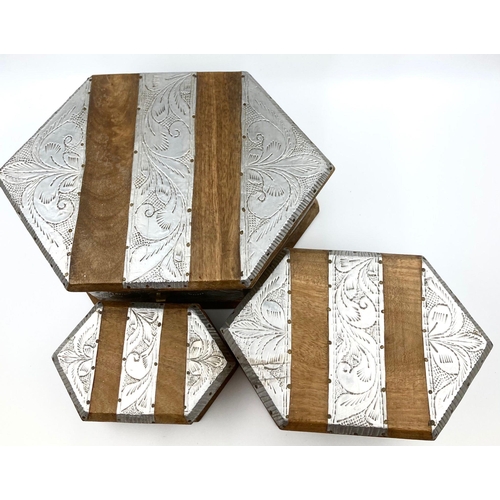 196 - Three Tibetan silver and wood boxes. Dimensions of largest box: 28 x 19 x 11 cm. No damages.